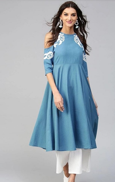 A Line Style Cold Shoulder Embroidered Kurti