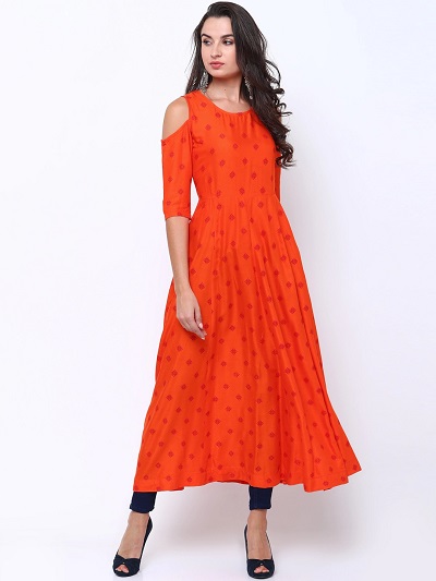 Anarkali Style Printed Orange cold shoulder kurta for women