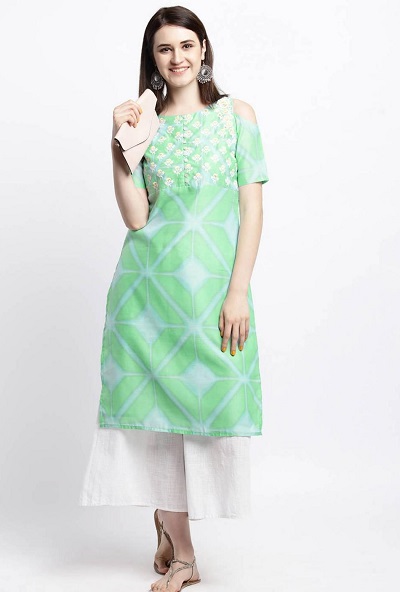 Beautiful Green Cold Shoulder Embroidered Kurti For College