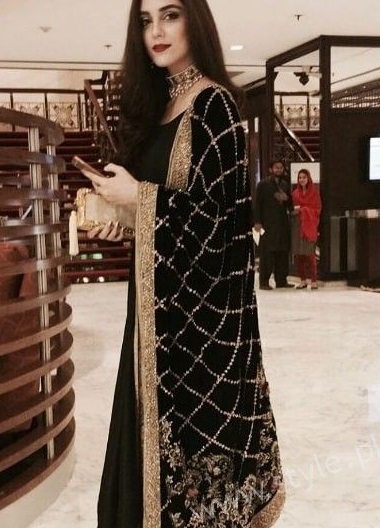 Black velvet Dupatta with Zari and embroidery with stone work