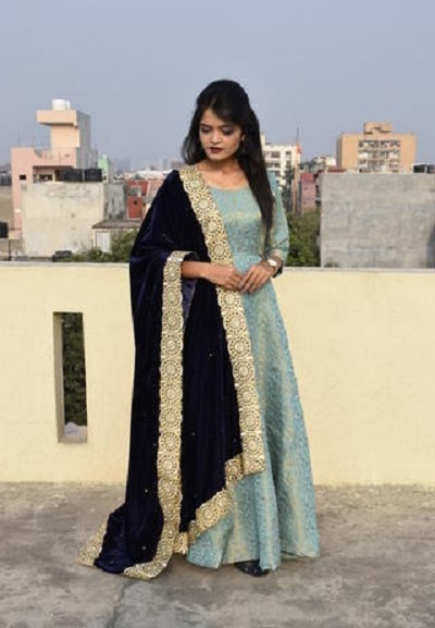 Blue velvet Dupatta for salwar suit and dresses