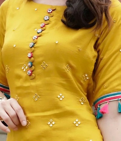 Button And Loop Inspired Boat Shape Neckline Kurti Design
