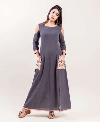 Cold Shoulder Kurti With Full Sleeves And Pockets