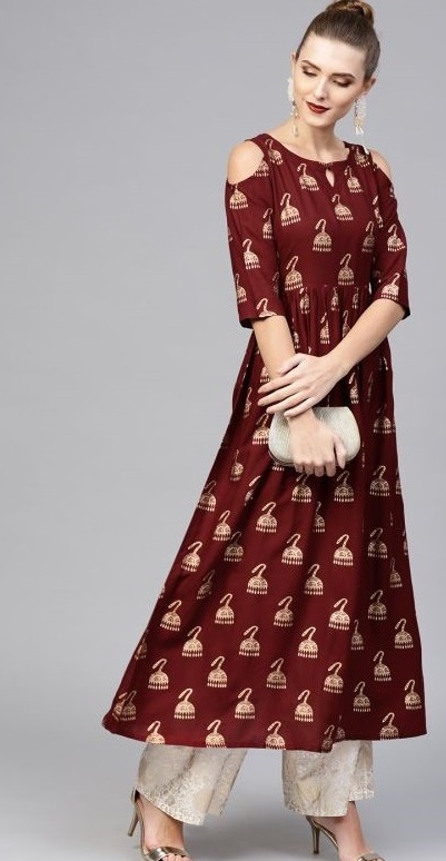 Maroon Foil Printed Cold Shoulder Kurti For Parties