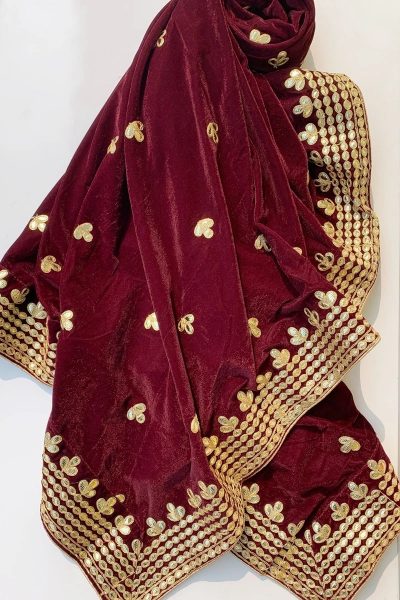 Maroon velvet Dupatta with mirror border work