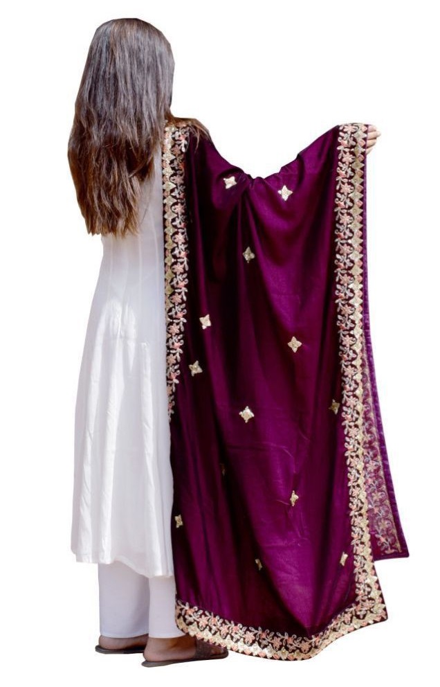 Purple thread work velvet Dupatta design for salwar suit and lehenga