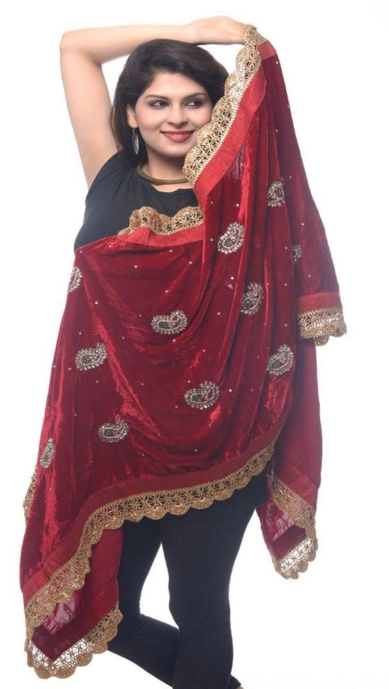 Red bridal velvet Dupatta with border and lace