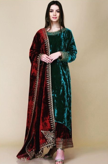 Stylish deep Maroon embroidered velvet Dupatta for party wear suits