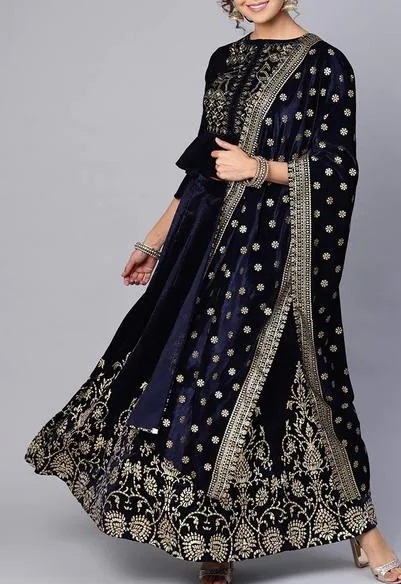 Stylish thread work Blue Velvet dupatta for lehenga and salwar suit