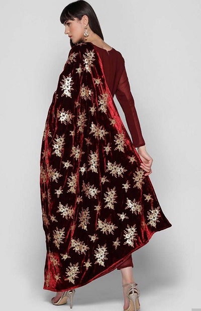 Thread work and embroidered red velvet Dupatta for silk salwar suit