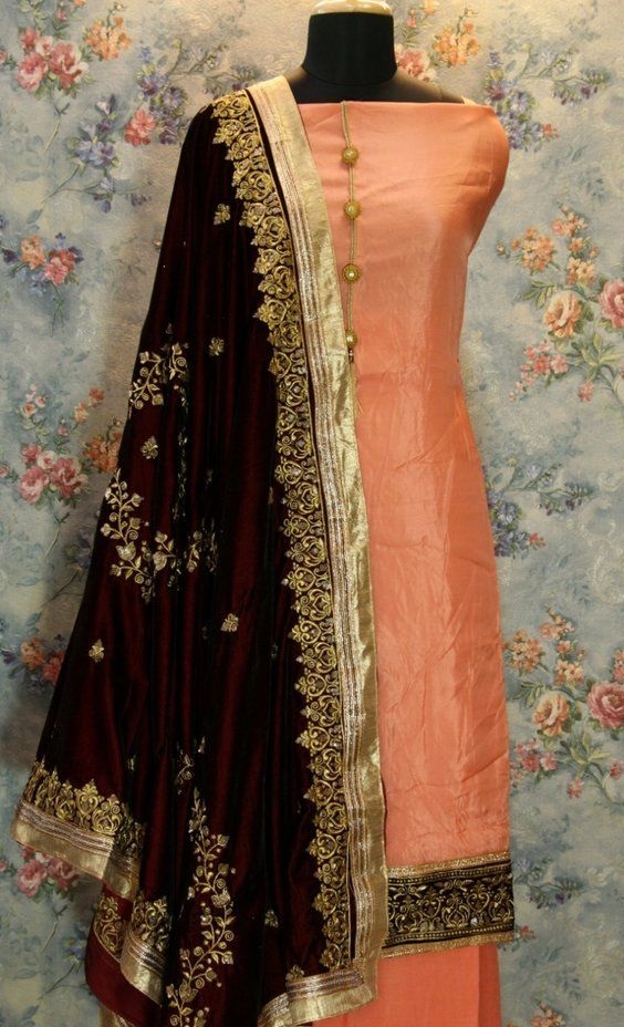 Very heavy lace work wine Maroon Embroidered velvet Dupatta design