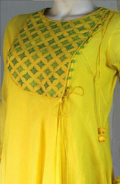 Yellow Angrakha Style Designer Kurti Neckline Pattern