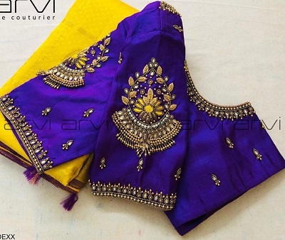 Bridal Blue Silk Aari Work Heavy Blouse Pattern