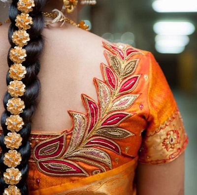 Cut work heavy embroidered Orange silk saree blouse