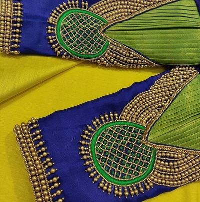 Designer blue and green aari sleeves pattern for blouses