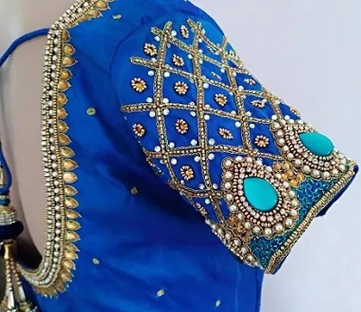 Designer blue heavy embroidered blouse pattern