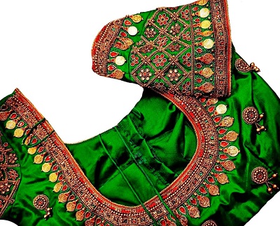 Green Satin silk saree blouse with aari embroidery