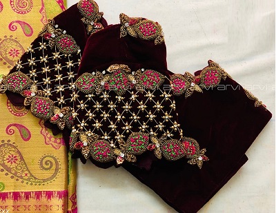 Maroon velvet cut work and heavy embroidered blouse pattern