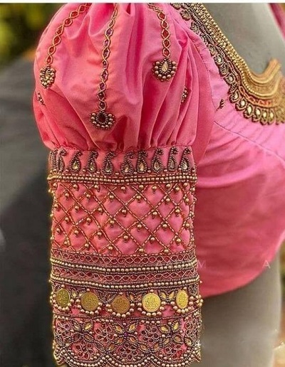 Pleated sleeves heavy embellished aari blouse design