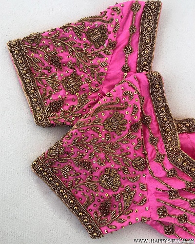 Stylish pink wedding wear blouse design with aari work