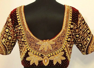 Very heavy Maroon velvet bridal blouse for wedding saree
