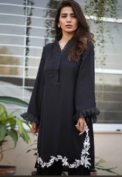 Black Ruffle And Embroidery Work Formal Kurti For Women