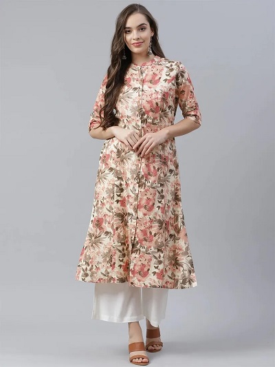 Floral Printed Long A-Line Office Kurti Pattern For Women