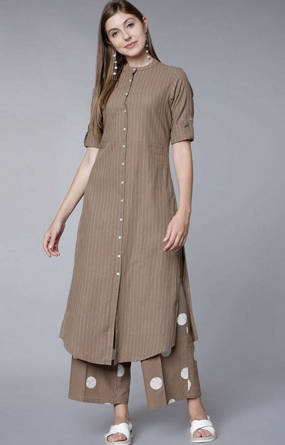 High Stand Collared Centre Button Placket Kurti Design For Office