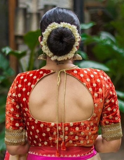 Inverted Bell like back blouse design for sarees