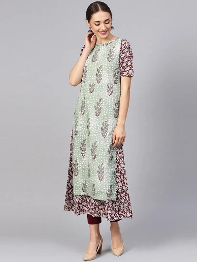 Panelled Kurti With Floral Print In Cotton Fabric