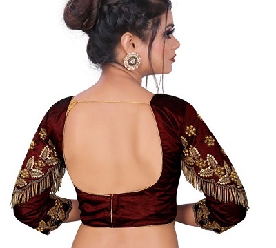 Scoop back neck maroon bridal blouse design