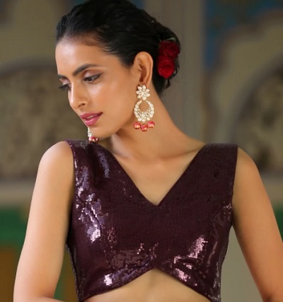 Sequined fabric stylish party wear maroon blouse