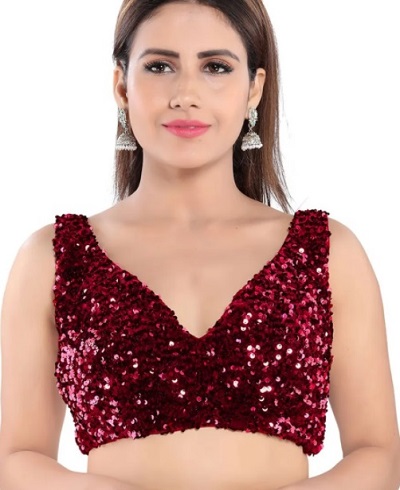 Sequined sleeveless V neck maroon blouse