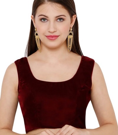 Simple Velvet Scoop neck maroon saree blouse