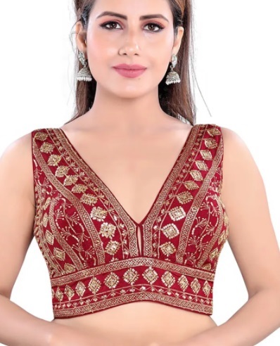 Stylish V neck embroidered saree blouse