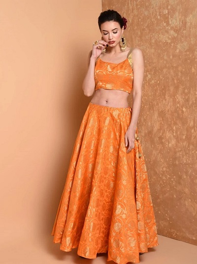 Brocade Orange Lehenga Skirt With Sleeveless Blouse