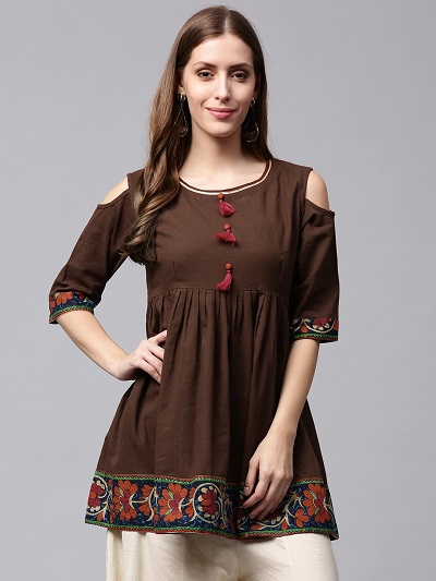 Brown tunic with Cold shoulder kurti sleeves