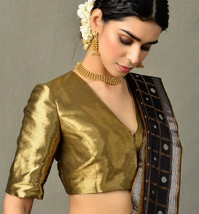 Deep V neckline Copper Golden blouse design