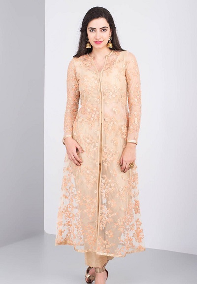 Embroidered Net Full Length Party Wear Kurta