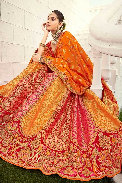 Luxurious Orange Banarasi Silk Lehenga With Georgette Dupatta