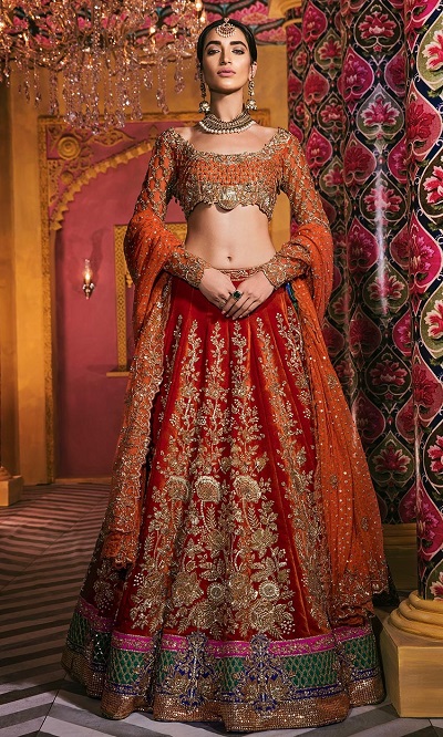 Orange And Red Bridal Wear Heavy Lehenga Design
