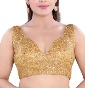 Plunging neck Golden blouse design