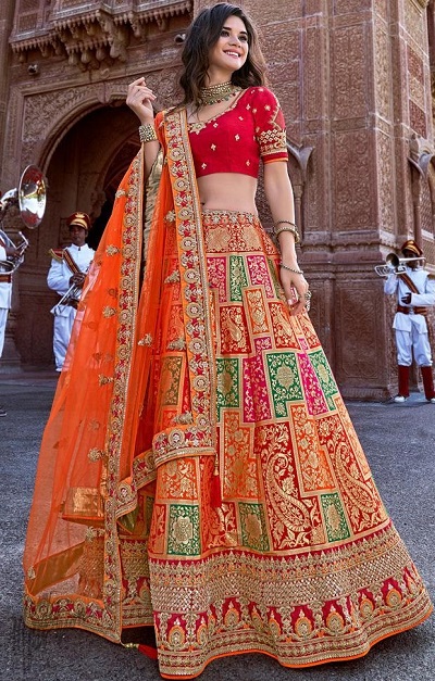 Rajasthani Print Orange Patchwork Lehenga With Red Blouse