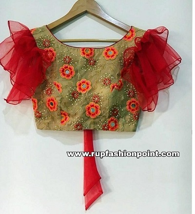 Red embroidered net saree blouse with frill