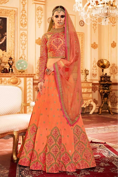 Stylish Orange And Pink Cotton Silk Lehenga Choli Design