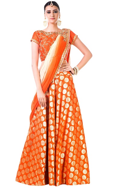 Stylish Orange Silk Lehenga With Shaded Dupatta 