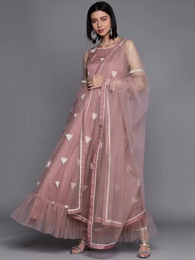 Long Pink Anarkali Net Wedding Wear Kurta