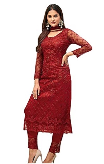 Red Net Kurta With Embroidery