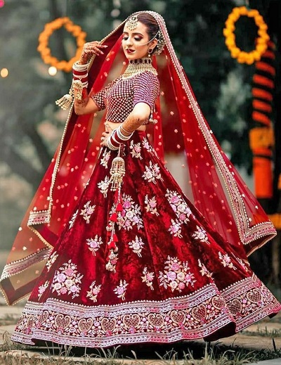 Beautiful Velvet Embroidered Punjabi Bridal Lehenga