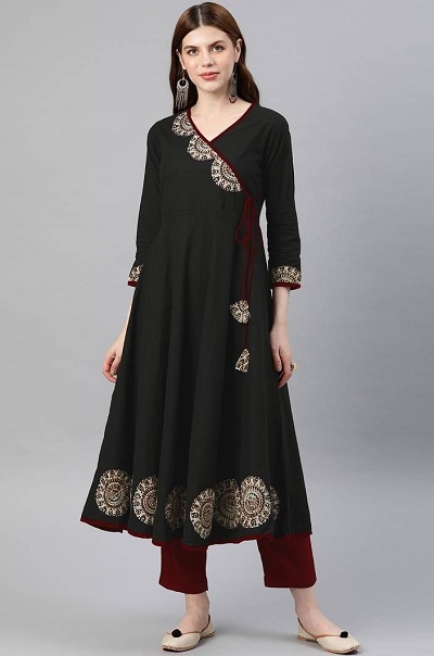 Black Embroidered Angrakha Full Flair Kurta